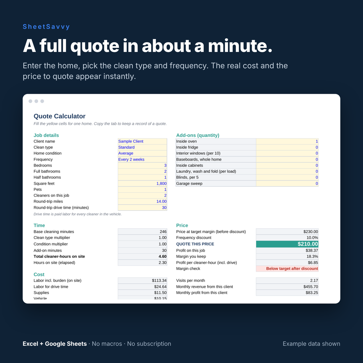 Quote calculator screenshot with job details, time, cost and price